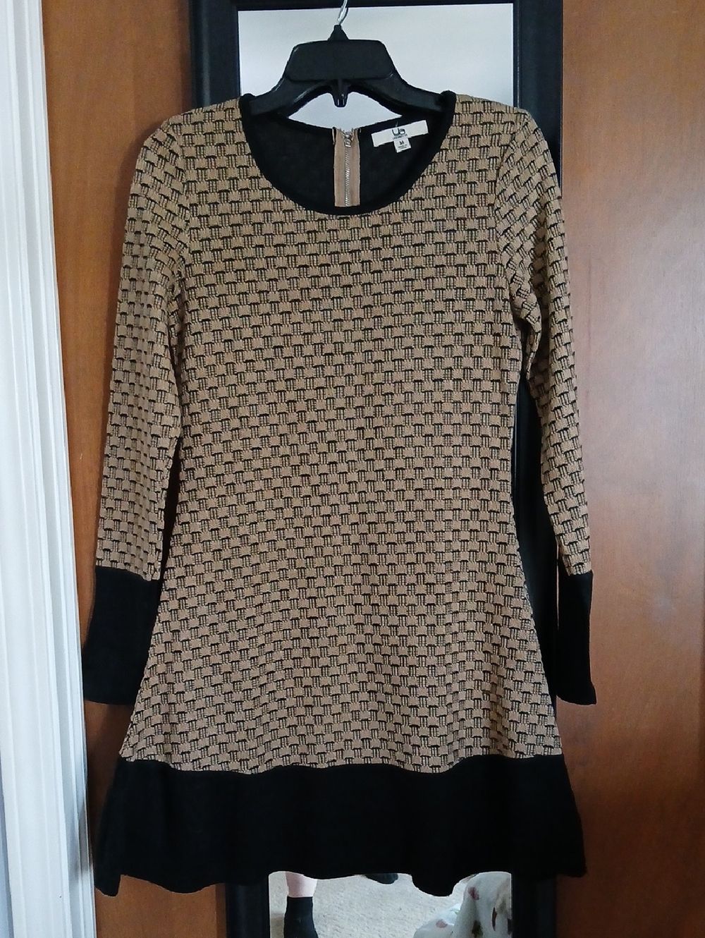 Black and Tan Patterned Textured Long-Sleeve Mod 1960s Dress M